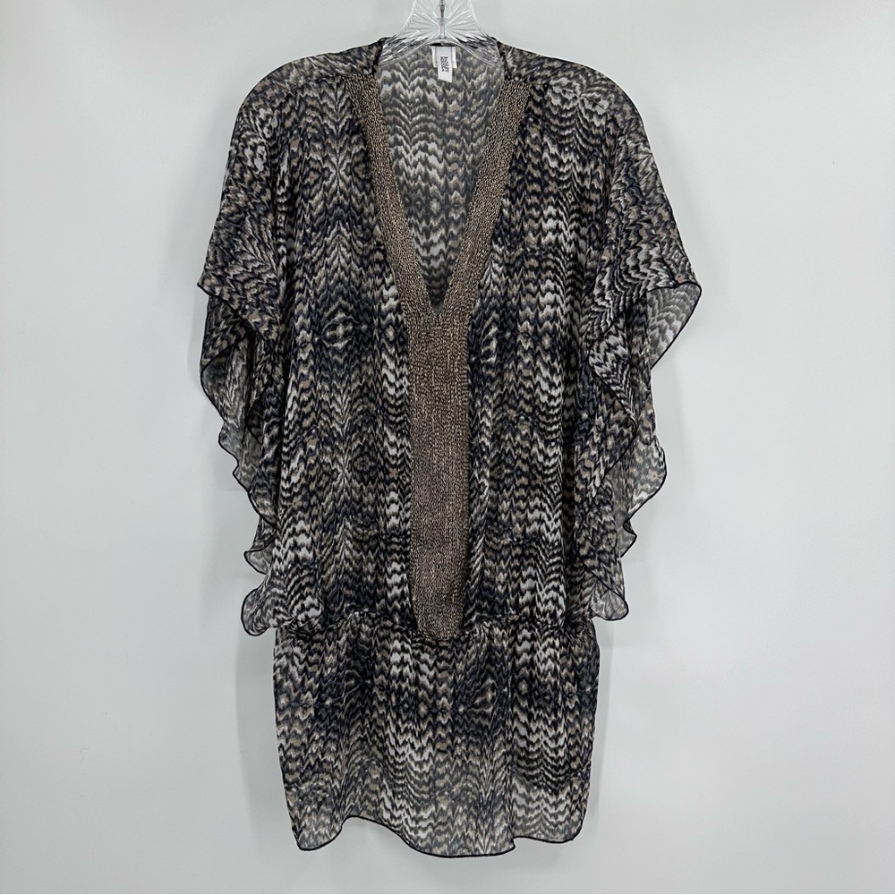 Badgley Mischka Ibiza Sheer Pool Swim Cover Up Tunic Dress Black Tan Size M